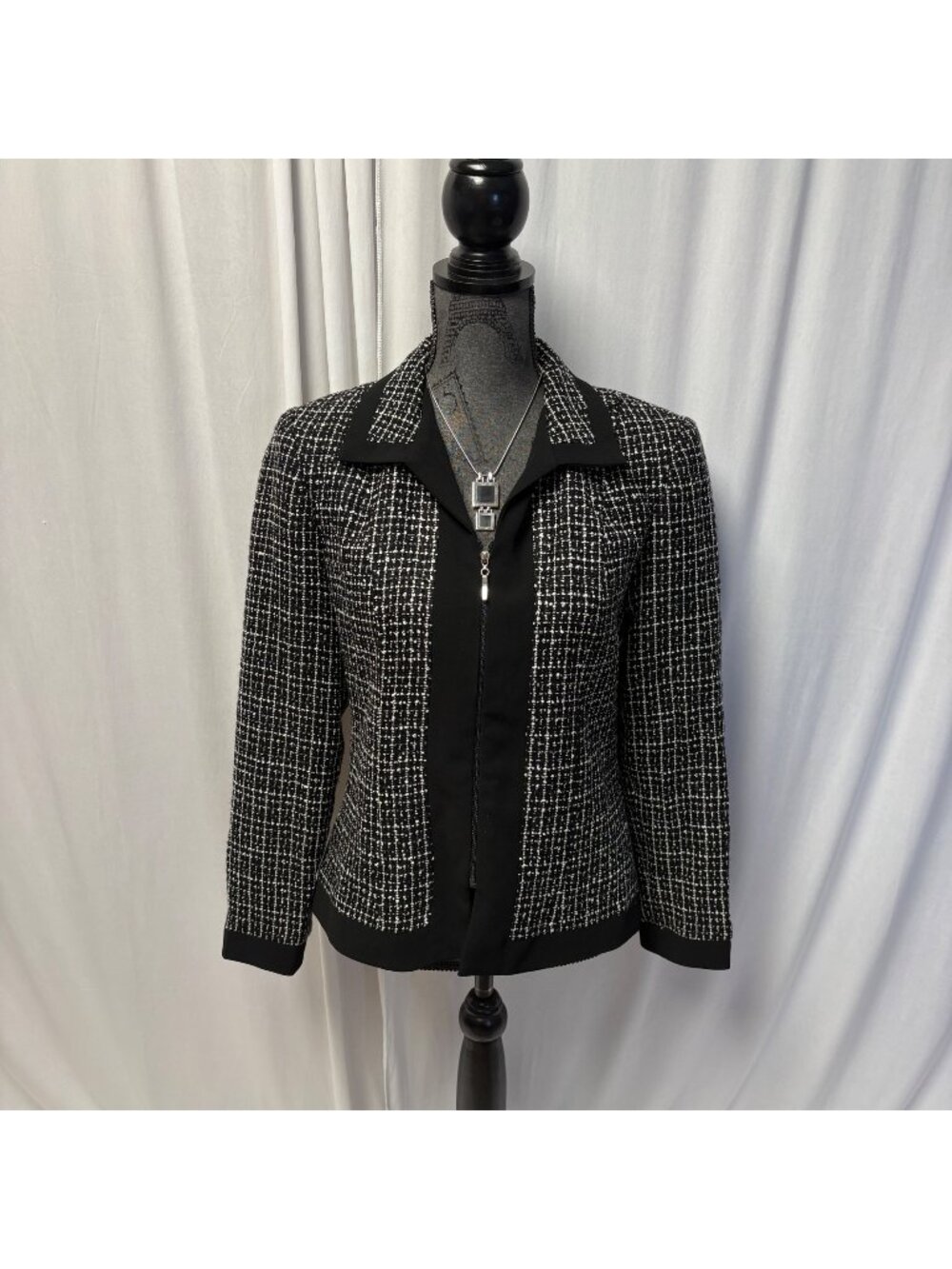Danny & Nicole Womens Black White Tweed Zip Up Jacket Size 8 Office Evening
